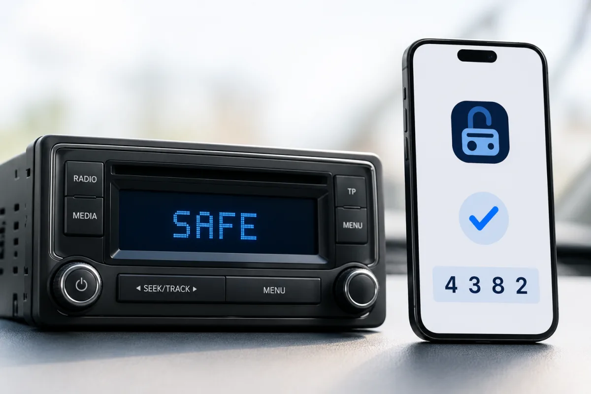 Radio de coche con el código de desbloqueo en un teléfono